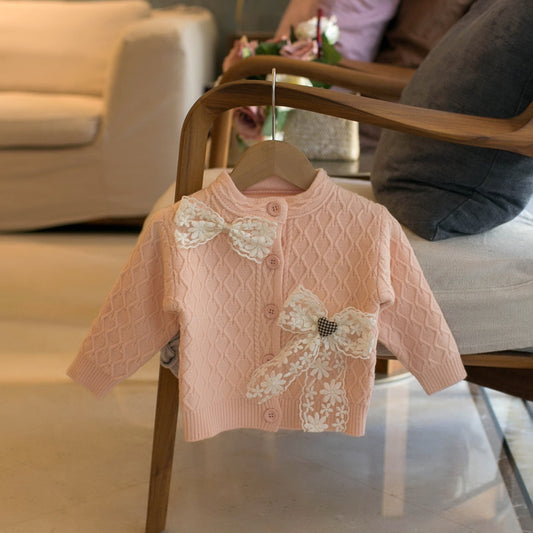 Lace Bow Girls Crew Neck Cardigan